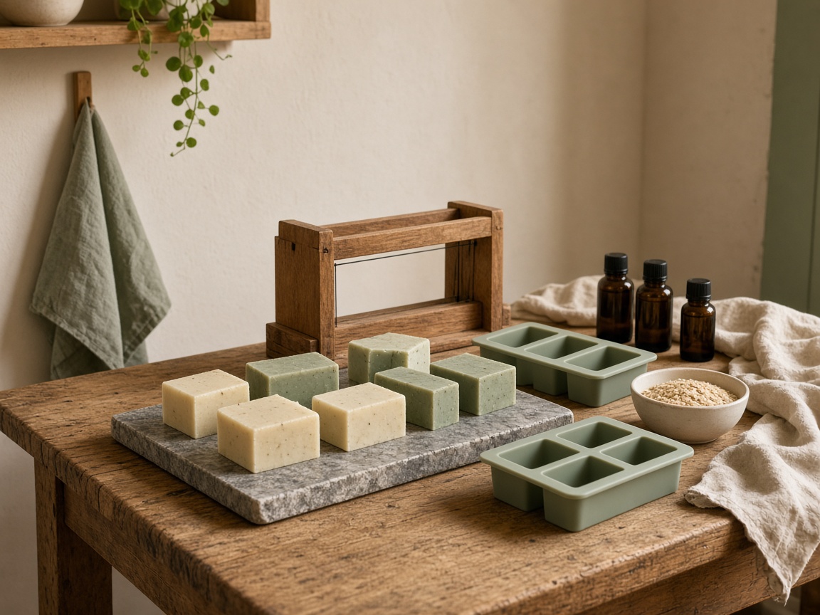 Soap studio bench with bars, molds, cutter, and oils