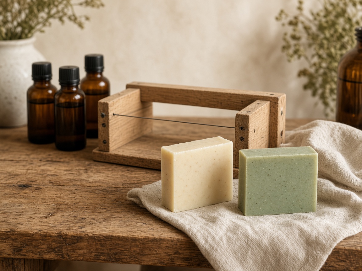 Soap cutter, oils, and freshly cut bars on a studio bench